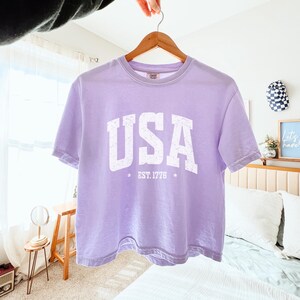 Pu&ograve; includere: Una maglietta lilla chiaro con la scritta "USA" a blocchi bianchi. Sotto la parola "USA" c'&egrave; la scritta "EST. 1776" con una stella su ogni lato. La maglietta &egrave; appesa a una gruccia di legno.