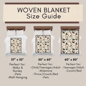 May include: A size guide for woven blankets, featuring three different sizes displayed on beds. The blankets have a cream background with black bats and orange floral patterns. Sizes include 37" x 52", 50" x 60", and 60" x 80". The text "WOVEN BLANKET Size Guide" is at the top.