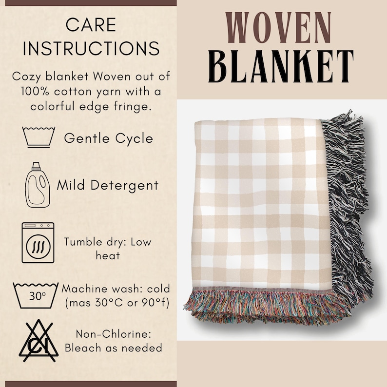 May include: Woven blanket with a beige and white checkered pattern. The blanket has a black fringe on one side and a colorful fringe on the other. The care instructions are displayed on the left side of the image.