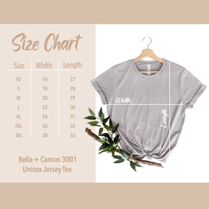 以下が含まれることがあります： Bella + Canvas 3001 ユニセックスジャージーTシャツのサイズチャート。チャートは、XSから3XLまでのサイズについて、幅と長さをインチで示しています。