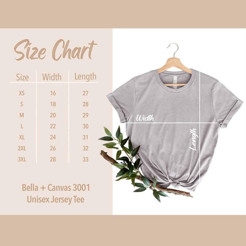 以下が含まれることがあります： Bella + Canvas 3001 ユニセックスジャージーTシャツのサイズチャート。チャートは、XSから3XLまでのサイズについて、幅と長さをインチで示しています。