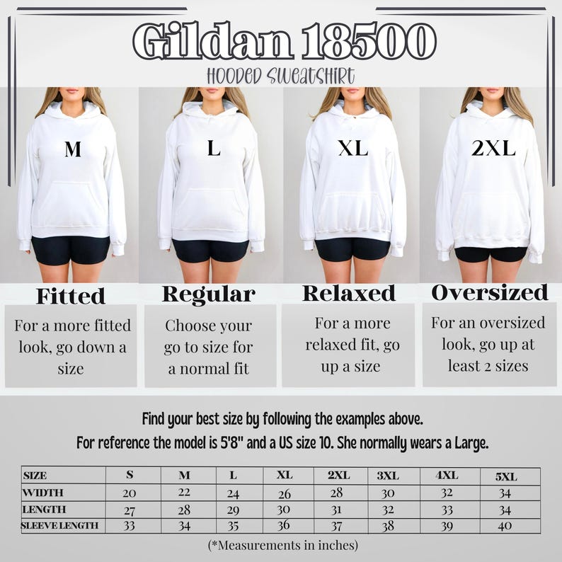 May include: Size chart for Gildan 18500 hooded sweatshirts. The chart shows the width, length, and sleeve length in inches for sizes S through 5XL. The chart also includes descriptions of the fit for each size: fitted, regular, relaxed, and oversized.