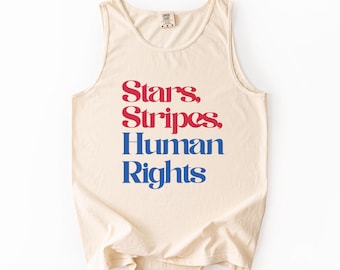Canotta con stelle e strisce e diritti umani, maglietta per la protesta politica del 4 luglio, canotta Comfort Colors, regalo per attivisti progressisti