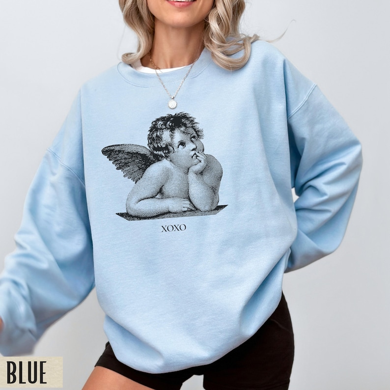 Light Academia-kleding, Valentijnsdagsweater, Cherub Angel-shirt, XOXO-sweater, Dark Academia, Alt-kleding, Valentijnssweater Light Blue