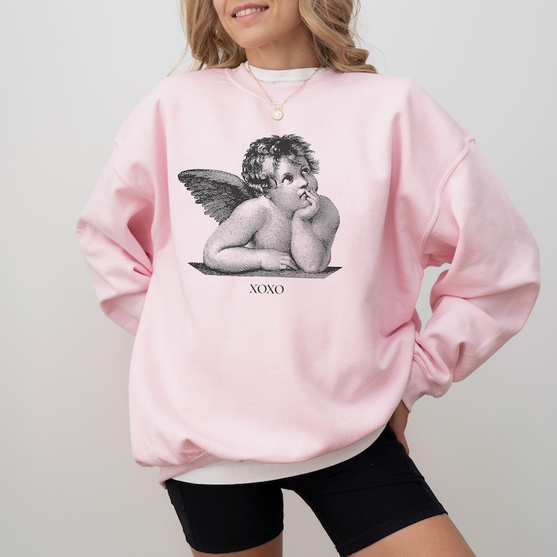 Light Academia-kleding, Valentijnsdagsweater, Cherub Angel-shirt, XOXO-sweater, Dark Academia, Alt-kleding, Valentijnssweater Light Pink