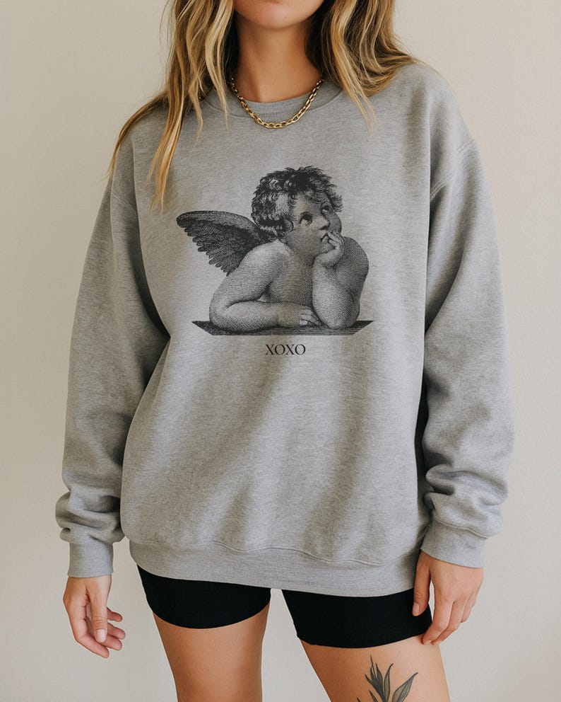 Light Academia-kleding, Valentijnsdagsweater, Cherub Angel-shirt, XOXO-sweater, Dark Academia, Alt-kleding, Valentijnssweater Sport Grey
