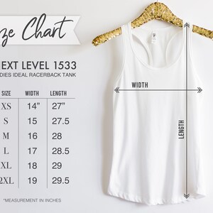 May include: Size chart for a racerback tank top with measurements in inches for sizes XS to 2XL. The chart shows the width and length of the tank top in inches.