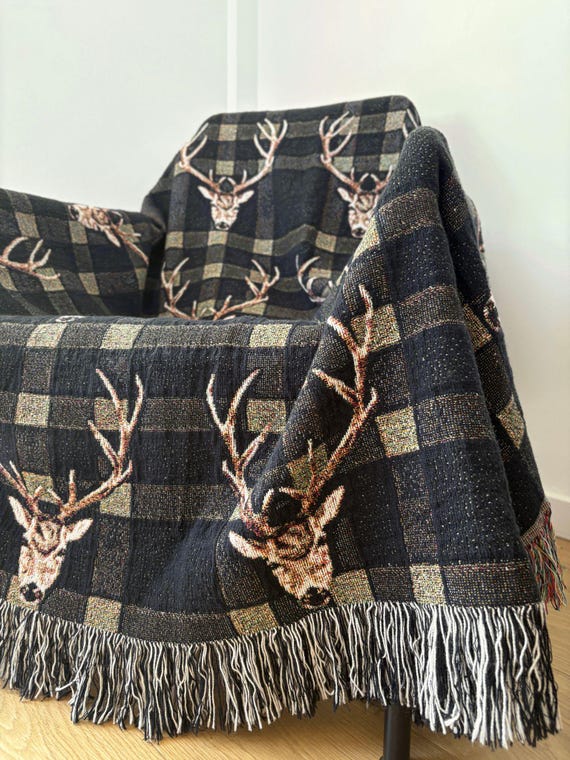 Plaid Woven Blanket Deer Rustic Cabin Decor Hunting Lodge Decor Blankets Outdoorsy Gifts Woodland Animal Throw Blanket Housewarming Gift