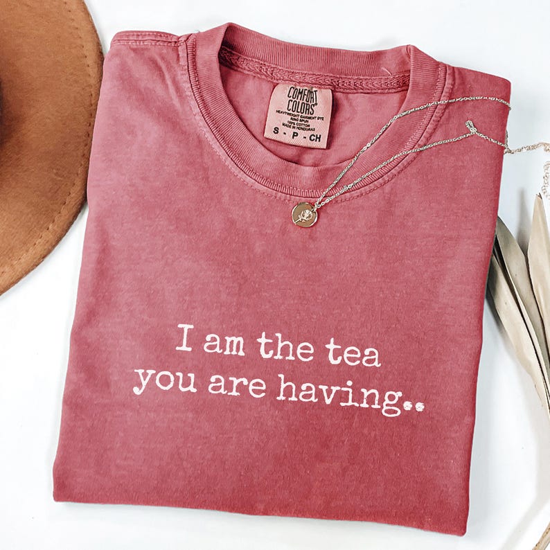 May include: A dusty rose Comfort Colors t-shirt with the text "I am the tea you are having." A silver necklace with a small pendant rests on the shirt. A brown hat is partially visible in the upper left corner.