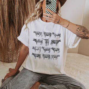 Camiseta con gráfico occidental para mujer, camiseta de vaca, estilo campestre, camiseta vintage del oeste, regalo de vaquera, camiseta de vaca, camiseta con gráfico de animal, camiseta de raza de vaca de rodeo
