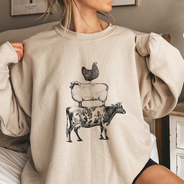 Cow Sweatshirt, Chicken Sweatshirt, Western Sweatshirt, Country Sweatshirt, Sheep Shirt, Vegan Sweater, Farm Sweatshirt, Stacked Farm Animal