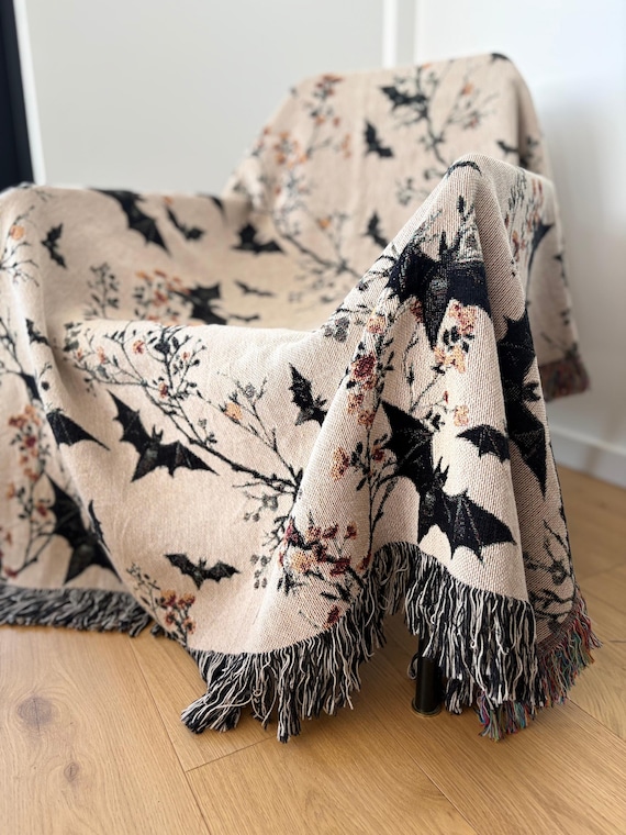 Neutral Halloween Blanket Bat Boho Halloween Decor Bat Woven Blanket Floral Halloween Throw Blanket Fall Home Decor