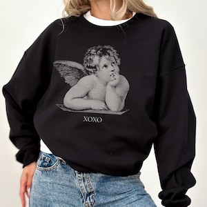 Light Academia-kleding, Valentijnsdagsweater, Cherub Angel-shirt, XOXO-sweater, Dark Academia, Alt-kleding, Valentijnssweater Black