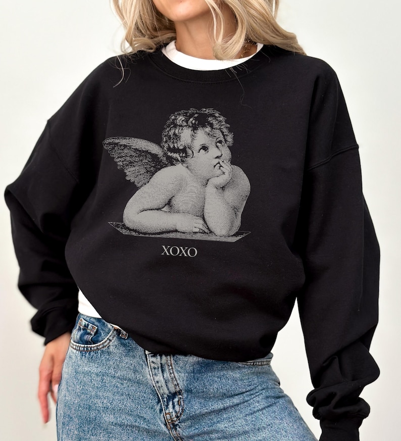 Light Academia-kleding, Valentijnsdagsweater, Cherub Angel-shirt, XOXO-sweater, Dark Academia, Alt-kleding, Valentijnssweater Black