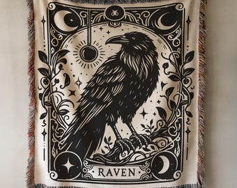 Raven Halloween Blanket Gothic Home Decor Dark Academia Woven Throw Blanket Tarot Card Witchy Crow Mystical Blanket