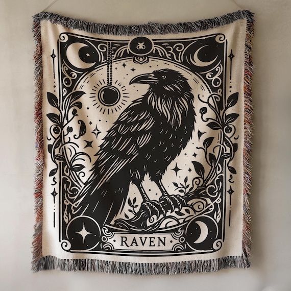 Raven Halloween Blanket Gothic Home Decor Dark Academia Woven Throw Blanket Tarot Card Witchy Crow Mystical Blanket
