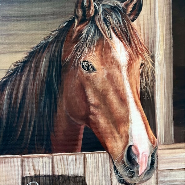 COMMISSION PAINTING, Horse PORTRAIT, Pet Oil Painting, Stretched Canvas Personalized Hand Painted Puppy Portrait, Animal Decor