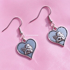 Silver Angel Heart Pendant Drop Hook Earrings