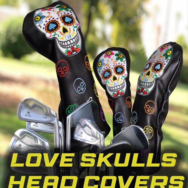 Love Skulls Leather Golf Head Cover | Sugar Skulls | Skulls | Driver Woods Hybrid Putter Golf Head Cover | Custom Embroidered Head Cover