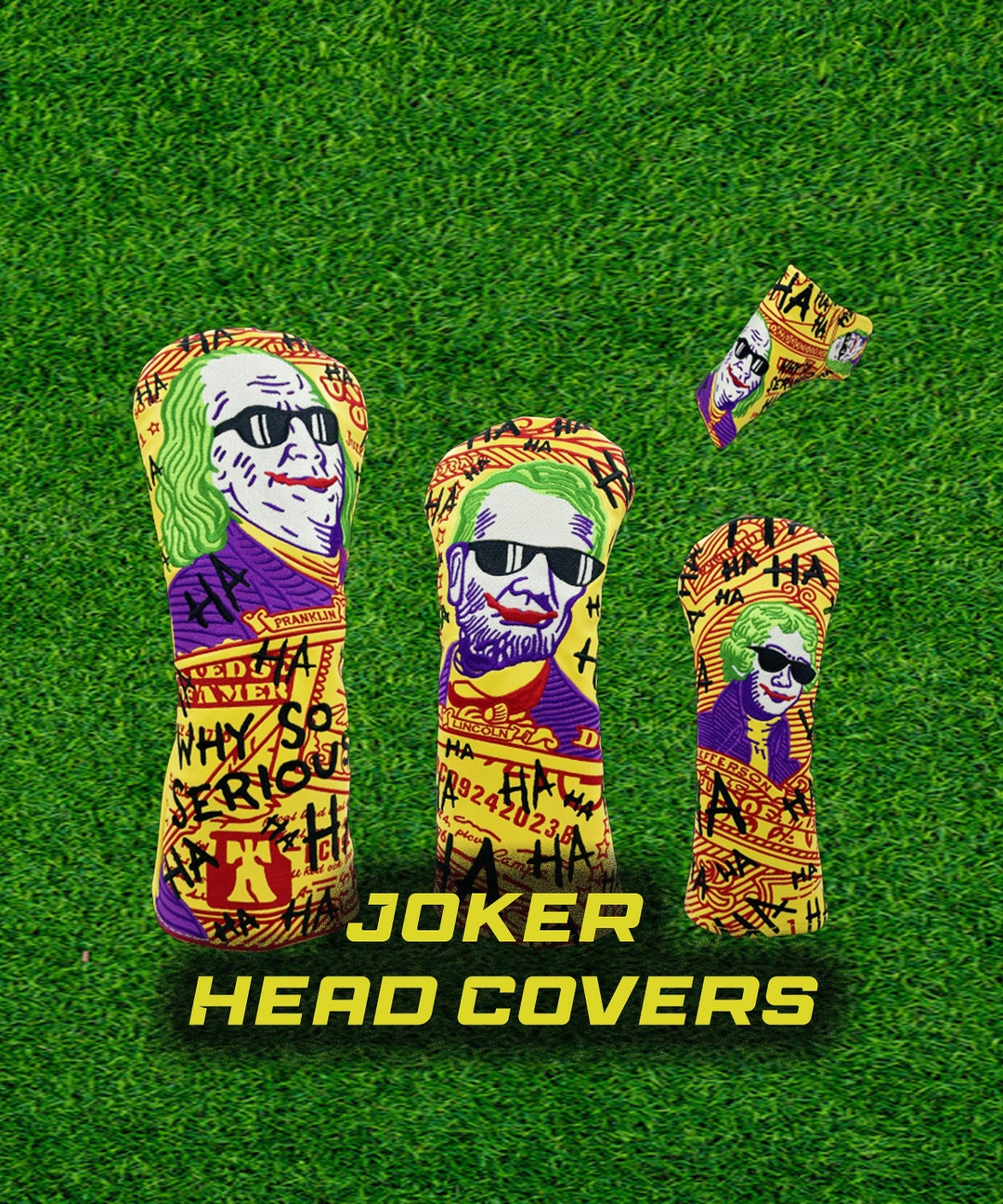 Joker Inspired Golf Head Covers Gold Colorway Leather Embroidered