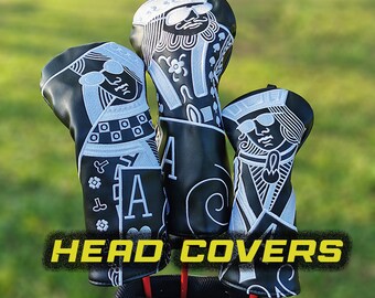 King and Queen Black & White Golf Head Covers | Custom Leather Embroidered Golf Head Cover | Fairway Wood + Hybrid Cover | Father's Day Gift