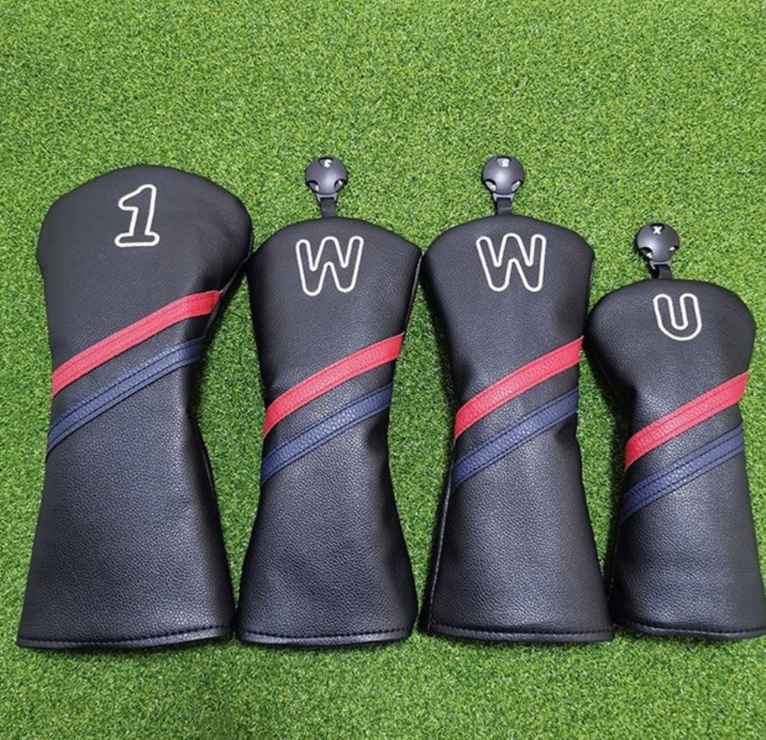 Golf Head Covers Black Leather Embroidery Driver Fairway Woods Hybrid