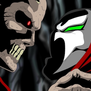 May include: A digital illustration featuring two characters facing each other. On the left, a tan, skeletal figure with a dark eye socket and a glowing red eye. On the right, a masked character with a white face, green eyes, and a flowing red cape.