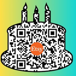 May include: Black and white QR code in the shape of a birthday cake with three candles on top. The word "Etsy" is in the centre of the cake.