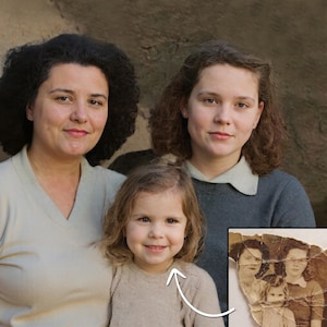 May include: A family portrait featuring three individuals and a vintage photograph. The main subjects are a woman with dark curly hair, a young girl, and a woman with brown hair. The vintage photo shows a similar family group.