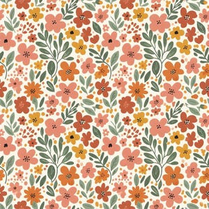 May include: A repeating floral pattern featuring various flowers in shades of peach, orange, and yellow, interspersed with green leaves and small dots, set against a cream background. The design is a seamless repeat, suitable for fabric or wallpaper.
