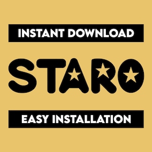 May include: Black and white graphic with the word "STARO" in bold, block letters with three yellow stars. The text "INSTANT DOWNLOAD" appears above the word "STARO" and the text "EASY INSTALLATION" appears below the word "STARO".