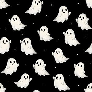May include: A repeating pattern of white cartoon ghosts on a black background. The ghosts have simple, friendly faces and are in various poses, some waving. Small white dots are scattered throughout the design, creating a spooky, yet playful Halloween theme.