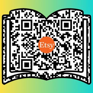 Può includere: Codice QR in bianco e nero a forma di libro aperto con la parola "Etsy" in un cerchio rosso al centro.