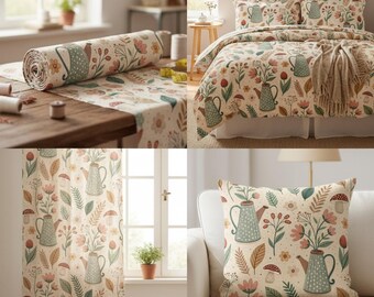 Cottagecore Seamless Pattern, Scandinavian Folk Floral, Mushroom Strawberry Repeat, Cozy Botanical Digital Paper