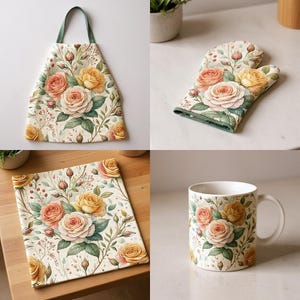May include: A set of kitchen accessories featuring a floral rose pattern. The set includes an apron with a green strap, an oven mitt, a square trivet, and a white mug. The roses are in shades of peach and yellow, set against a cream background.