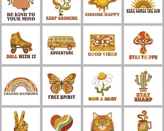 Paquete PNG retro de los 70 / Diseños de sublimación hippies (descarga digital)