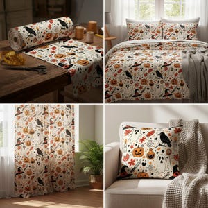 May include: A collection of Halloween-themed home decor items. Includes a roll of fabric, bedding, curtains, and a throw pillow. The fabric and items feature a repeating pattern of pumpkins, ghosts, crows, witch hats, and other spooky elements.