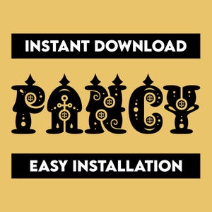 May include: Black and white graphic font design with the word "FANCY" in a decorative, whimsical style. The text is on a yellow background with black text at the top and bottom that reads "INSTANT DOWNLOAD" and "EASY INSTALLATION".