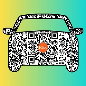 May include: Black and white QR code in the shape of a car with the word "Etsy" in an orange circle in the centre.