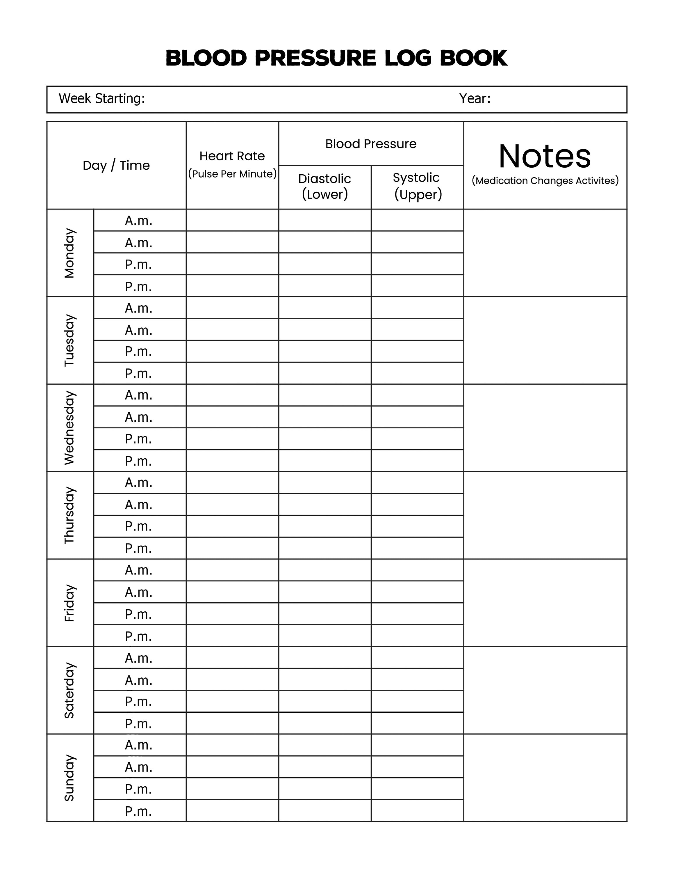 Daily Blood Pressure Log Book Printable High Blood Pressure Sheet PDF ...
