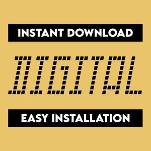 Pode incluir: Gráfico de download digital com a palavra "DIGITAL" em letras pretas em negrito com um padrão listrado. O texto "INSTANT DOWNLOAD" aparece acima da palavra "DIGITAL" e o texto "EASY INSTALLATION" aparece abaixo da palavra "DIGITAL".