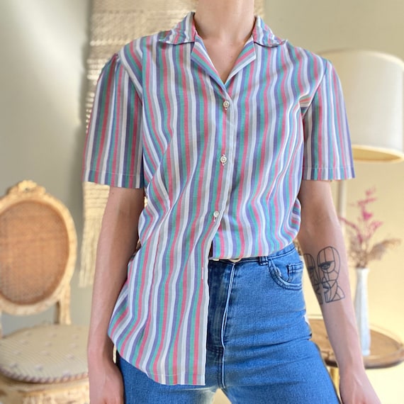 classic blue and white striped button down with denim shorts