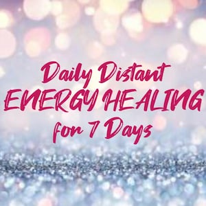 May include: A digital graphic featuring the magenta text Daily Distant ENERGY HEALING for 7 Days centered against a background of soft-focus, shimmering light bokeh and a textured, sparkling silver surface at the bottom of the frame.