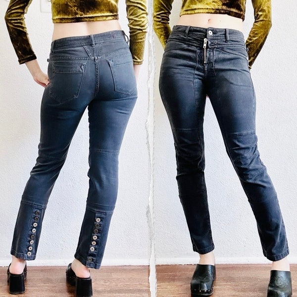 90s GIRBAUD Skinny Jeans, Waist 28, 80s Vintage Le Jean Gray Slim Dark Mid Rise Chorewear Utility Studded Pants