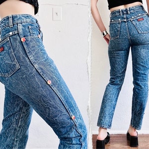 80s Acid Wash Jeans, 26 Waist, Embellished Flashy Button Unique High Rise Tapered Skinny Blue Light Wash Pants