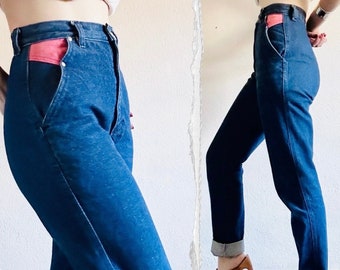 80s Bareback Western Jeans, Waist 26, 90s Vintage STONEY RIVER Dark Blue High Rise Red Color Block Straight Leg Mom Jeans Rockies Roughrider