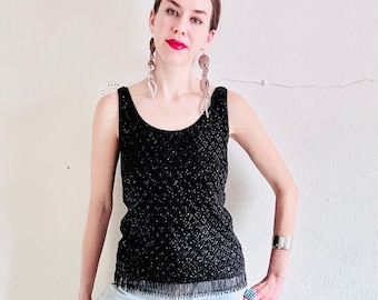 60s Black Beaded Tank, Medium, Wool Sequin Beaded Fringe Tank Sweater Sleeveless Top Shirt Evening Cocktail Sparkly Embellished Mod Minimal