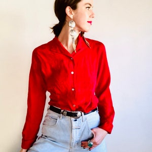 Vintage Red Silk Shirt, Small, 90s 80s Floral Brocade Jacquard Button Down Collared Long Sleeve Shirt image 1