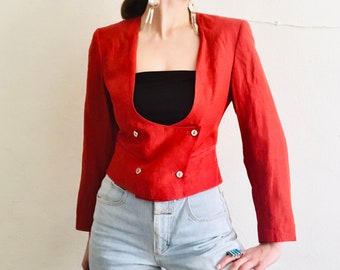 CLAUDE MONTANA Cropped Jacket, Small, Silk Cotton Orange Double Breasted Bolero Designer Military Western 80s 90s Vintage Lightweight