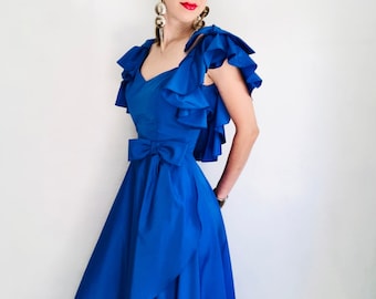 70s Ruffle Maxi Dress, Small, 60s Vintage Cobalt Blue Short Sleeve Bow Tie Taffeta Fit and Flare Low Back High Low Gown
